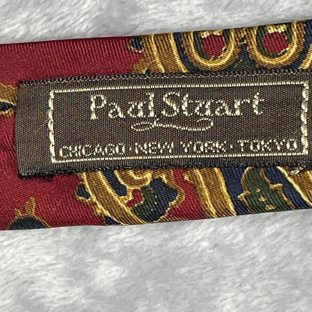 Paul Stuart Mens Silk Paisley Tie Red Gold Navy Blue Hand Sewn Made in USA